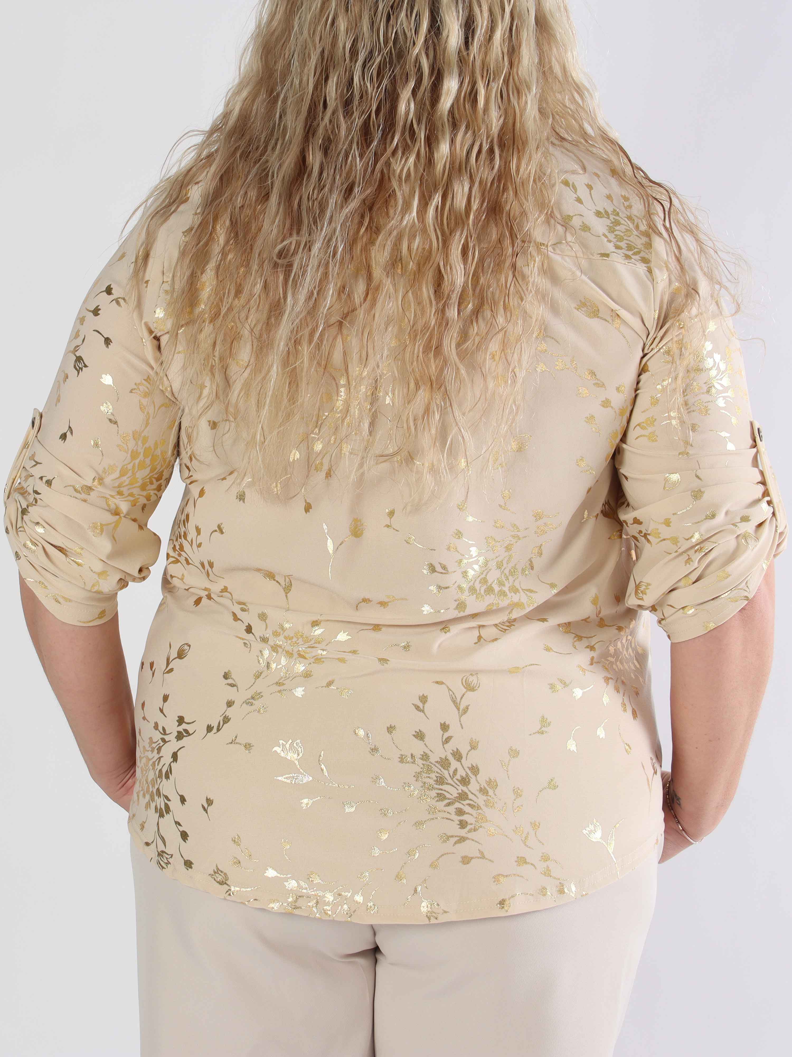 Ebba Gold Leaf Shirt - Elastisk plus size bluse mønstret med guld blade